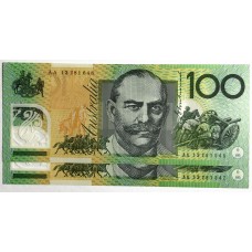 AUSTRALIA 2013 . ONE HUNDRED 100 DOLLARS BANKNOTES . STEVENS/PARKINSON . CONSECUTIVE PAIR . FIRST PREFIX AA13